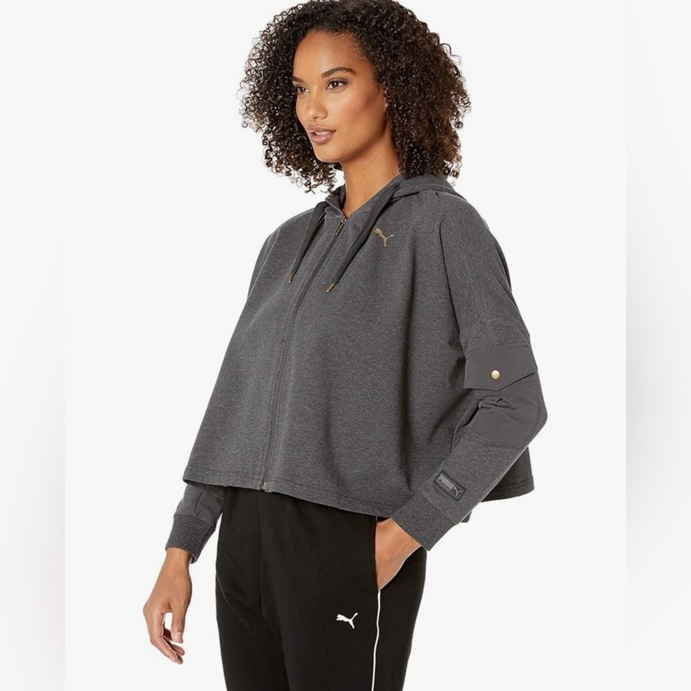 Puma Cropped Zipper Hoodie Gray Size Medium